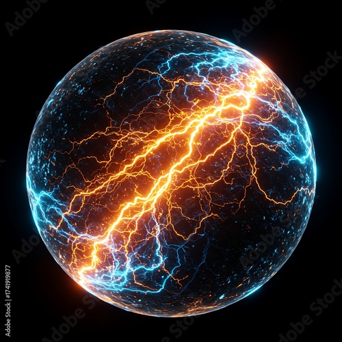 Sphere with Electrical Discharge Effect Orange and Blue Glow