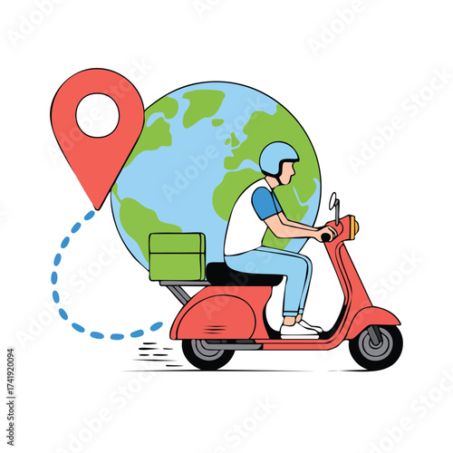 Global Delivery Scooter with World Map and Location Pin Illustration