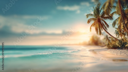 Blurred tropical beach background, soft turquoise ocean, white sand, palm trees swaying, dreamy warm sunset glow, smooth bokeh blur, wide blank area with copy space for text placement, minimal clean.
