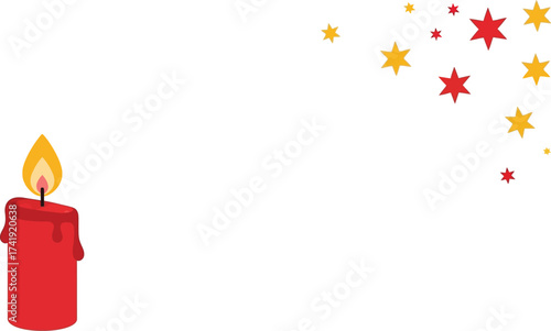 A single red candle burns brightly with a festive scattering of golden and red stars.