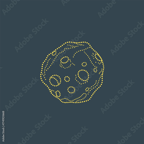Stylized depiction of a celestial body with multiple craters and a dotted outline on a dark