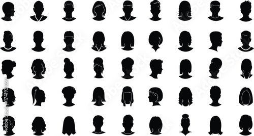 Black silhouette vector icons of diverse human head profiles with different hairstyles, face shapes, ponytails, buns, short and long hair