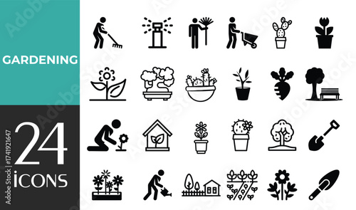 Gardening and Agriculture set of web icons in line style. Grow your own food, greenhouse, seedling, sprout, farmer, watering can, pollination, organic farming, fertilizer, and plant care thin outline 