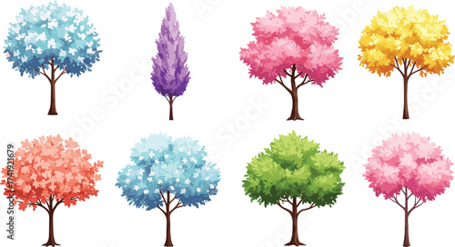 Colorful fantasy trees illustration, seasonal foliage design, autumn leaves, spring blossom, decorative landscape, vibrant nature background, outdoor forest, artistic garden