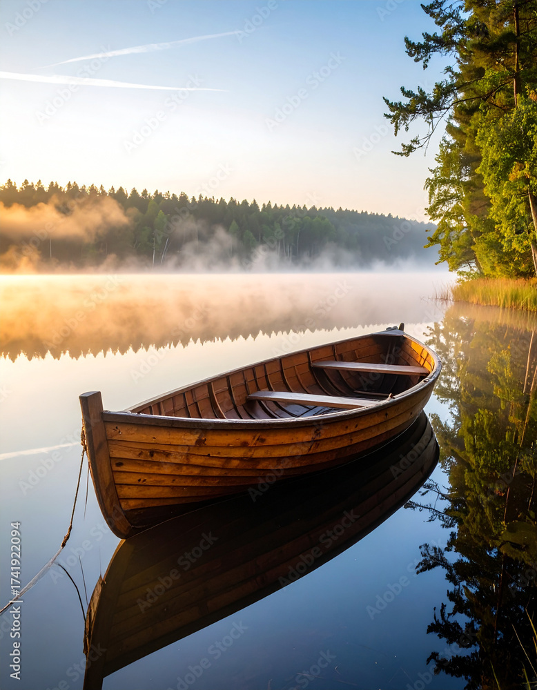 Obraz premium A wooden boat floating on a quiet lake, surrounded by morning mist