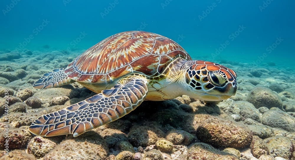 Obraz premium Sea Turtle Swimming Gracefully Over Rocky Seabed in Clear Blue Ocean Waters
