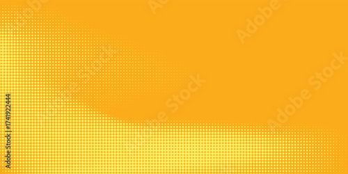 Aesthetic Yellow orange halftone pattern. Retro comic gradient background. Square pixilated dot cartoon texture. Pop art faded gradient pattern. Vector backdrop.Eps 10
