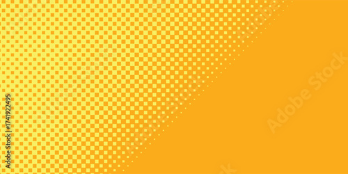 Aesthetic Yellow orange halftone pattern. Retro comic gradient background. Square pixilated dot cartoon texture. Pop art faded gradient pattern. Vector backdrop.Eps 10