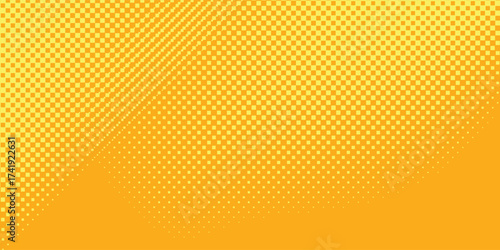 Aesthetic Yellow orange halftone pattern. Retro comic gradient background. Square pixilated dot cartoon texture. Pop art faded gradient pattern. Vector backdrop.Eps 10