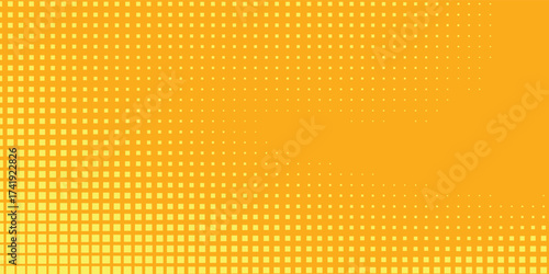 Aesthetic Yellow orange halftone pattern. Retro comic gradient background. Square pixilated dot cartoon texture. Pop art faded gradient pattern. Vector backdrop.Eps 10