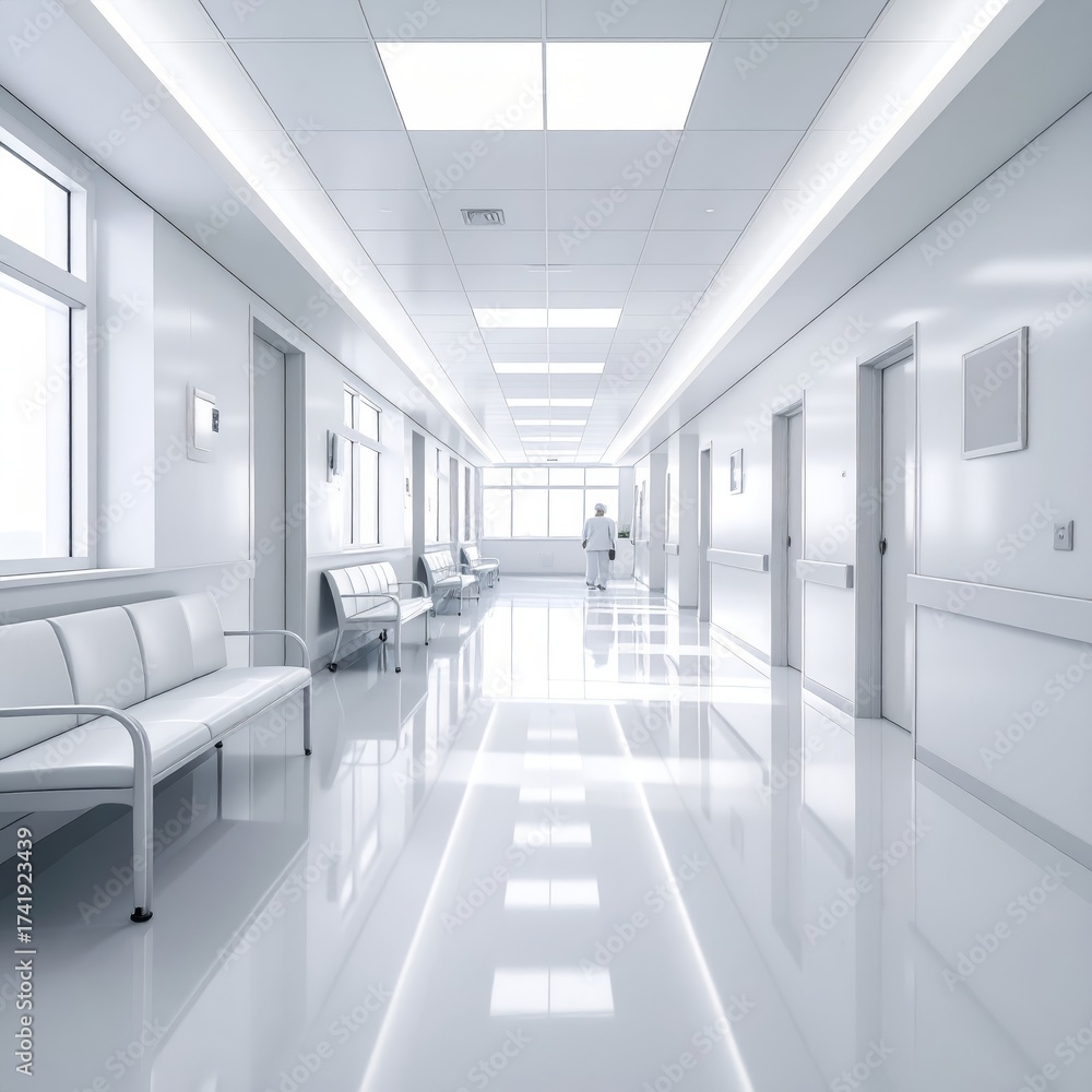 Obraz premium Clean Hospital Interior with White Walls, Benches, and Distant Medical Staff for Healthcare Concepts