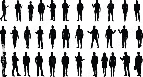 Business silhouette, professional people, corporate team, office worker, male female figure, standing pose, vector illustration, black design, human group, staff diversity