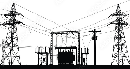 Electrical substation silhouette, transmission towers and utility pole, power grid infrastructure, voltage distribution system, energy network design, electricity engineering illustration