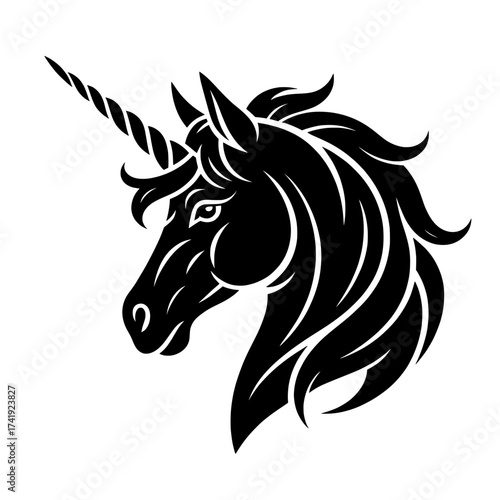 A striking black silhouette of a majestic unicorn s head with a spiraling horn presented isolated on a clean white background evoking fantasy and myth isolated on white background isolated on transpar