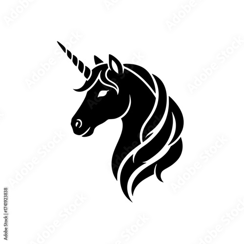 A detailed black silhouette of a mythical unicorn head with a spiraled horn and flowing mane isolated on white background isolated on transparent background