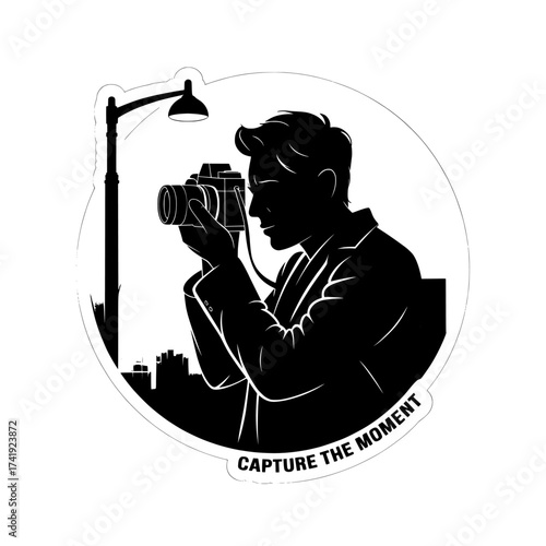 Silhouette of a photographer holding a vintage camera and taking a picture under a street lamp with the text capturing the moment isolated on white background isolated on transparent background