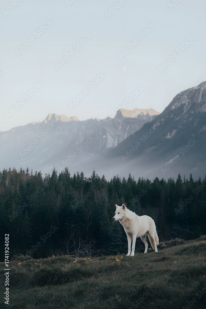 Obraz premium Majestic white wolf standing on a grassy ridge overlooking a mist-filled alpine valley, surrounded by towering snow-capped mountains and evergreen forest at dawn, capturing the spirit of wilderness an
