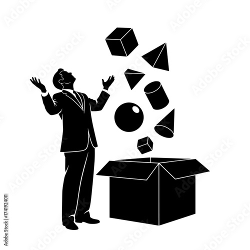 Silhouette of a businessman in a suit looking up at geometric shapes and a sphere emerging from an open cardboard box isolated on white background isolated on transparent background