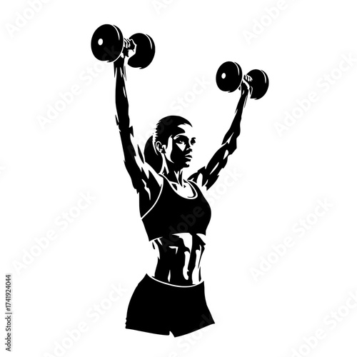 Silhouette of a fit woman with muscular abs performing an overhead dumbbell press exercise isolated on white background isolated on transparent background