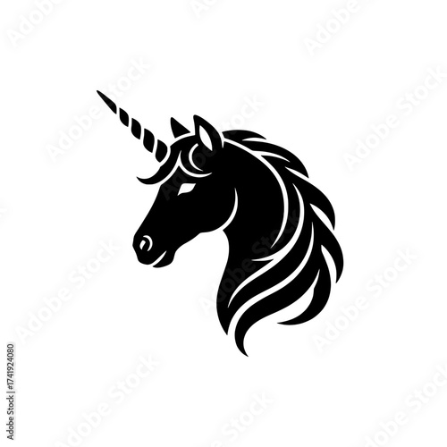 A striking black silhouette of a mythical unicorn head with a spiraling horn presented isolated on a clean white background evoking fantasy and legend isolated on white background isolated on transpar