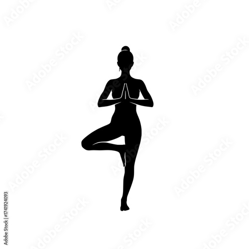 Silhouette of a woman in a yoga tree pose with hands pressed together in prayer position isolated on white background isolated on transparent background