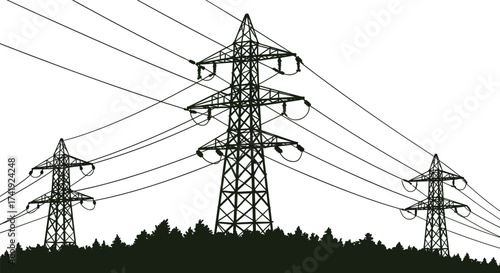High voltage electricity transmission towers, power pylons with cables, energy infrastructure, forest silhouette, industrial landscape, renewable grid, utility network, distribution