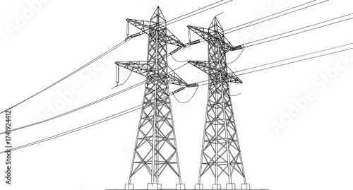High voltage transmission towers, electricity pylons illustration, power line infrastructure, voltage grid system, energy distribution network, engineering reference design