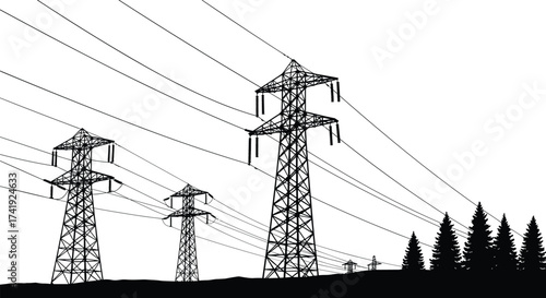 High voltage transmission towers, electricity pylons in forest, power line infrastructure, voltage grid system, energy distribution network, silhouette engineering illustration
