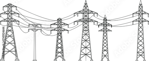High voltage transmission towers, electricity pylons illustration, power line network, energy infrastructure system, voltage grid design, electrical engineering reference
