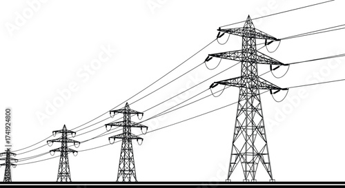 High voltage transmission towers, electricity pylons, power grid infrastructure, energy distribution, industrial landscape, utility lines, engineering structure, rural electric network