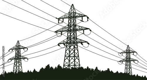 High voltage transmission towers, electricity pylons in forest, power lines infrastructure, energy distribution network, silhouette structure, rural electric grid