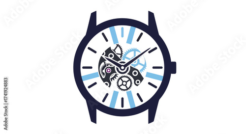 Elegant vector icon of a mechanical wristwatch with a skeleton dial showing the intricate inner gears and movement. A concept of precision, time, and craftsmanship