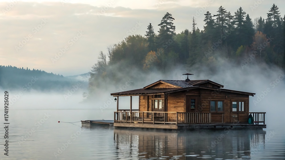 Fototapeta premium Floating Wooden Cabin on a Misty Morning Lake