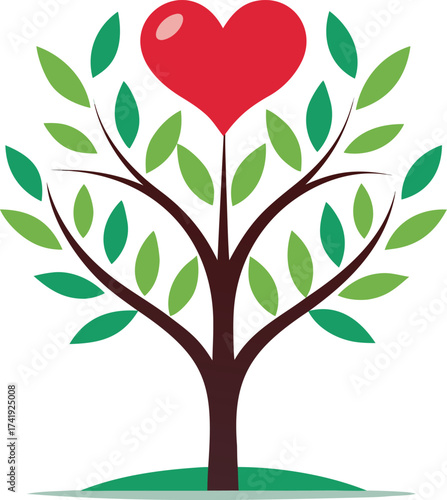 Vibrant red heart adorns lush green tree symbolizing love growth family nature life
