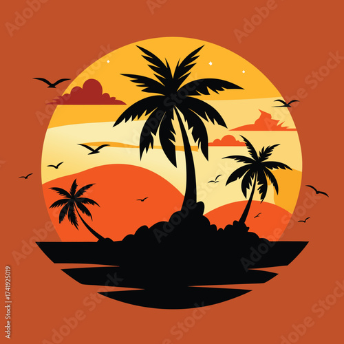 Tropical island paradise sunset silhouette palms birds flying over water horizon warm colors