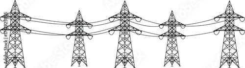 High voltage transmission towers, electricity pylons, power grid infrastructure, energy distribution, lattice structure, overhead lines, industrial utility, rural landscape, insulators