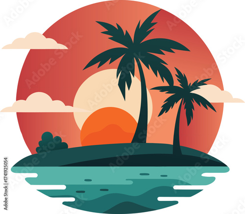 Tropical island paradise sunset with palm trees ocean reflection and clouds