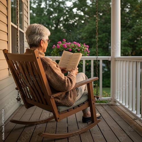 Reading Book in Rocking Chair on Porch Relaxing Outdoors
