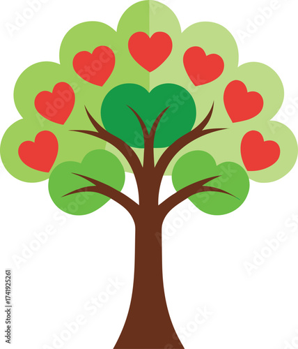 Heart shaped leaves adorning a stylized tree symbolizing love growth family and nature celebration
