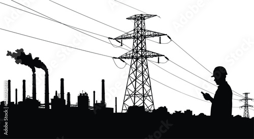 Industrial silhouette, transmission tower, utility pole, power line, energy infrastructure, factory scene, worker illustration, electricity grid, vector art, black design