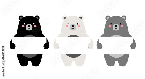 Three adorable cartoon bears in black white and gray holding blank signs for custom text and designs isolated on white background