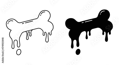 Two drip bones a white outline and a solid black graphic element representing canine and pet related concepts and themes for design isolated on white background