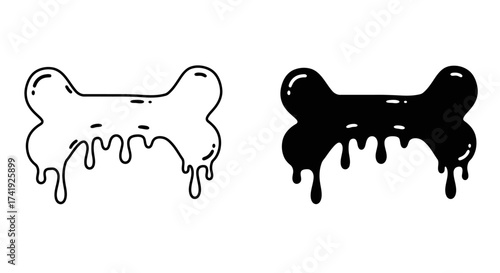 Two drip bone illustrations one outline one solid black symbolizing treat and animal pet care concepts isolated on white background