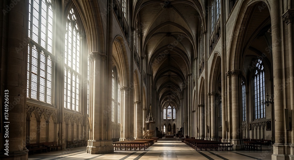 Fototapeta premium Sunlit Interior of a Grand Cathedral with Arches and Columns.