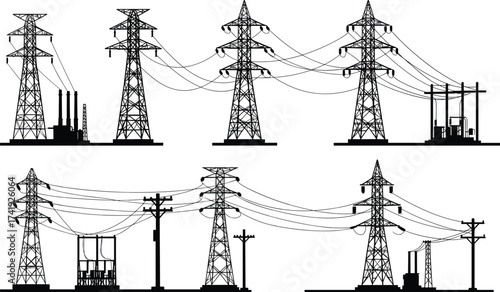 Power generation and transmission, electricity infrastructure silhouettes, energy distribution system, substation components, utility poles, voltage grid network, engineering reference illustration