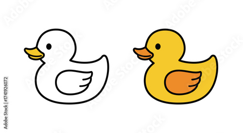 Cute cartoon yellow rubber duck and outline drawing of white duckling for coloring and design elements on isolated on white background