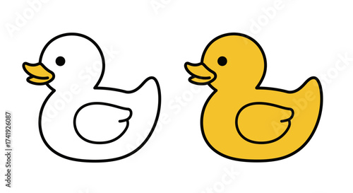 Cute cartoon yellow rubber duck and outline ready for coloring or design comparison simple fun bath toy illustration isolated on white background