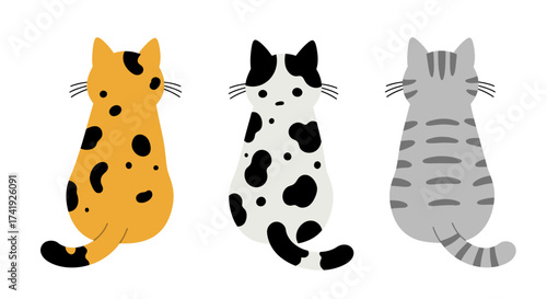 Whimsical sitting cat collection featuring diverse fur patterns and colors adorable feline friends illustration for charming designs isolated on white background