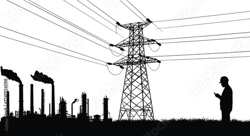 Industrial silhouette, transmission tower, utility pole, power line, energy infrastructure, factory scene, worker monitoring, electricity grid, vector art, black design