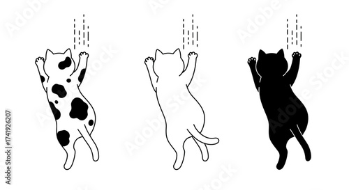 Three cute stylized cats hanging down suspended isolated on white for whimsical art and design projects isolated on white background